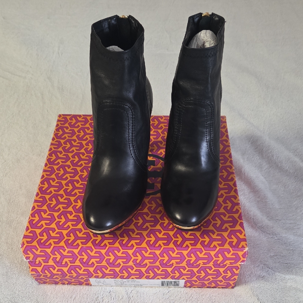 Tory Burch Black Leather Ankle Booties with Gold Zip